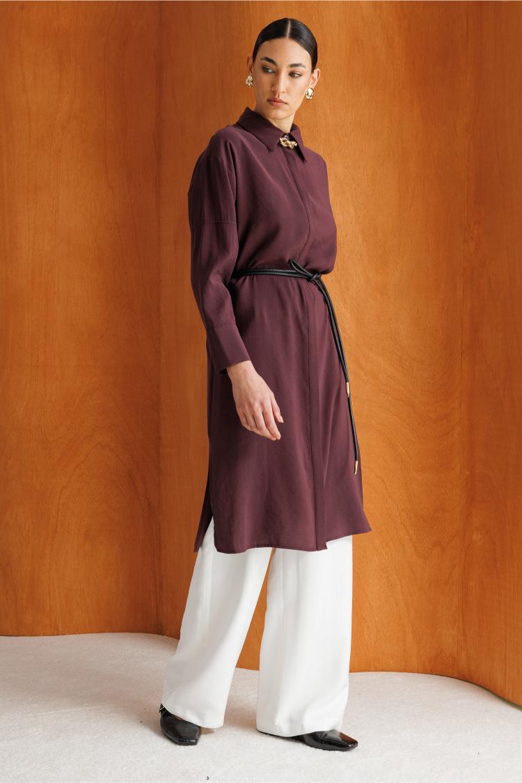 Mizalle Tencel Karışımlı Uzun Mürdüm Rengi Tunik