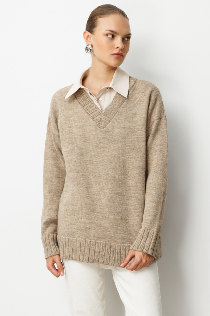 Mizalle V Yaka Oversize Bej Rengi Triko Kazak - Mizalle (1)
