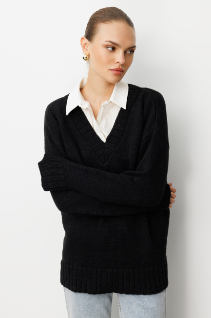 Mizalle V Yaka Oversize Siyah Triko Kazak - Mizalle (1)