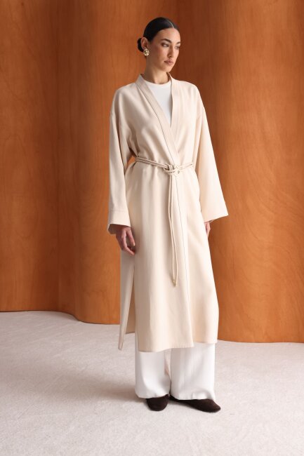 Mizalle Viskoz Kemerli Bej Rengi Kimono - Mizalle