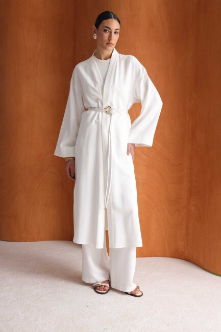 Mizalle Viskoz Kemerli Beyaz Kimono - Mizalle (1)