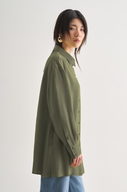 Mizalle Yan Düğme Detaylı Premium Modal Haki Tunik - Mizalle (1)