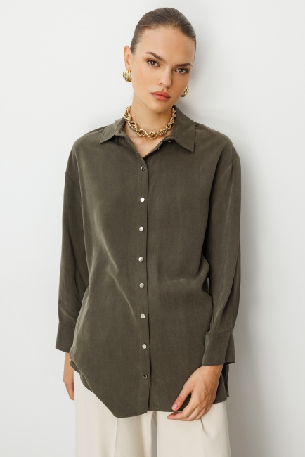 Mizalle Yan Düğmeli Haki Cupro Tunik - Mizalle (1)