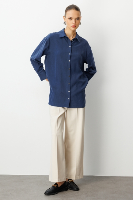 Mizalle Yan Düğmeli İndigo Mavi Cupro Tunik - Mizalle (1)