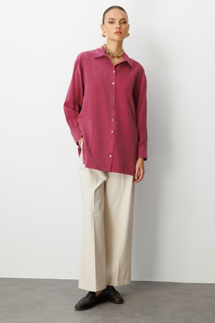 Mizalle Yan Düğmeli Mürdüm Cupro Tunik - Mizalle (1)