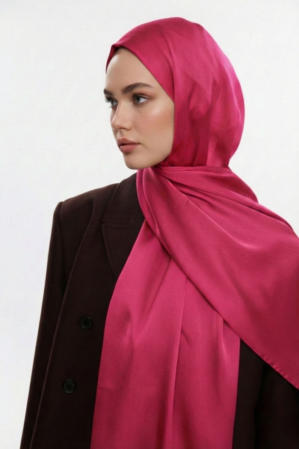 Mizalle & YAQA Özel Saten Dokulu Fuşya Şal