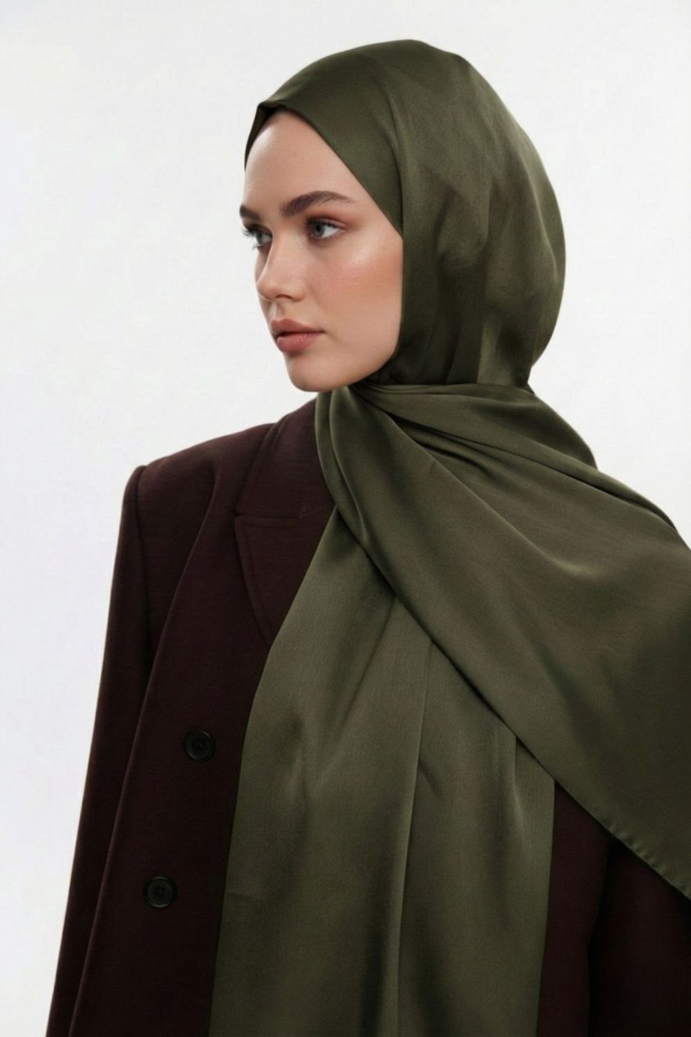Mizalle & YAQA Özel Saten Dokulu Haki Şal