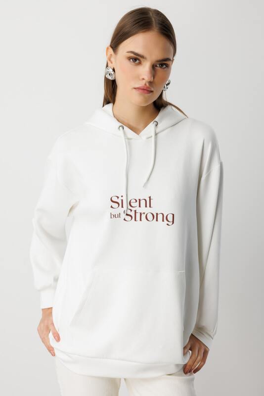 Mizalle Yumuşak Dokulu Kapüşonlu Ekru Sweatshirt · 2