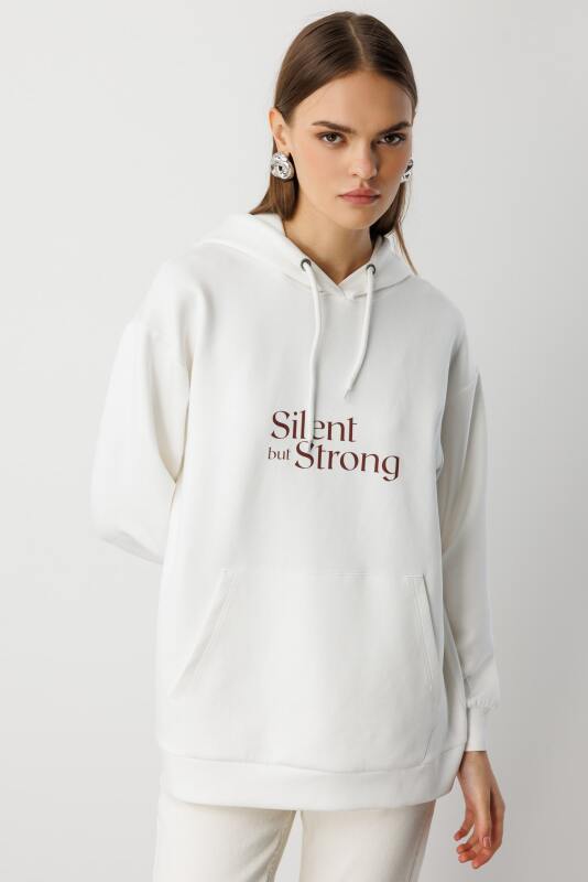 Mizalle Yumuşak Dokulu Kapüşonlu Ekru Sweatshirt · 4