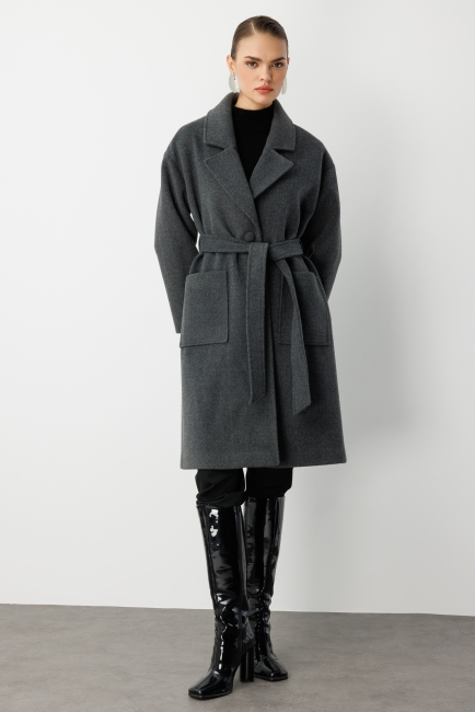 Mizalle Yünlü Kaşe Doku Torba Cepli Basic Antrasit Kaban - Mizalle (1)