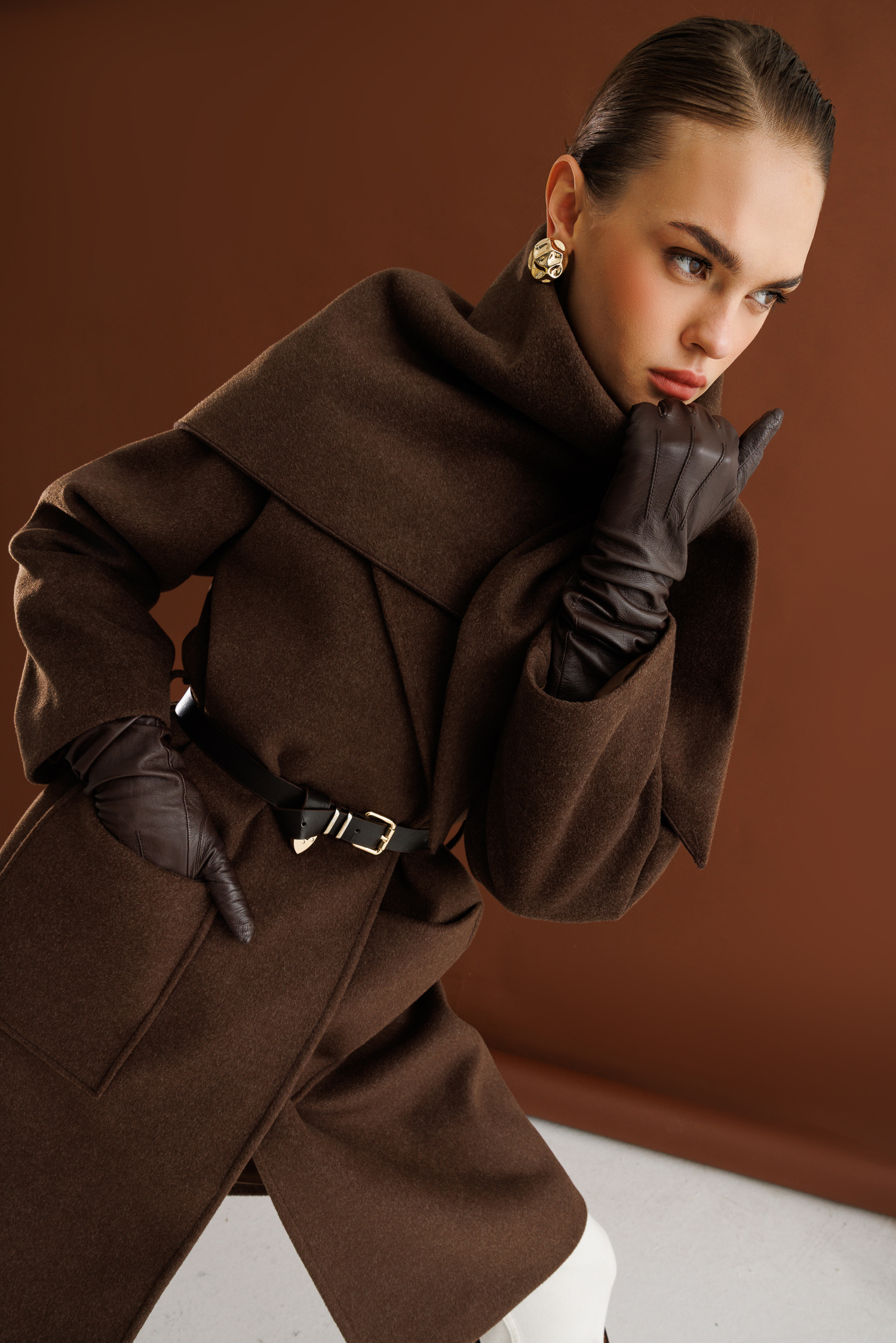 Mizalle Yünlü Kaşe Doku Torba Cepli Basic Kahverengi Kaban - Mizalle