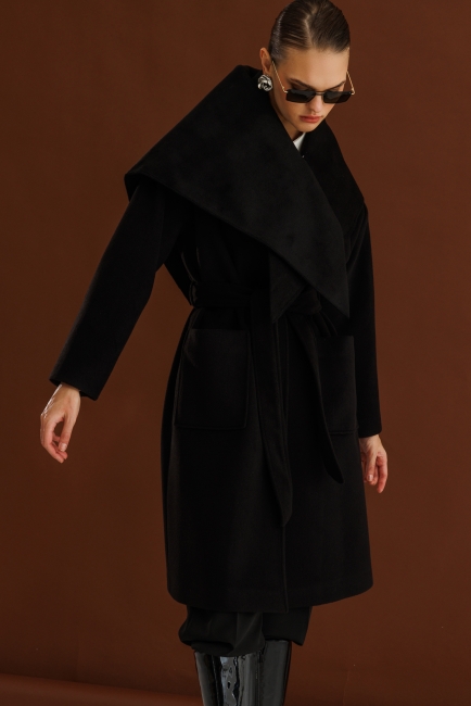 Mizalle Yünlü Kaşe Doku Torba Cepli Basic Siyah Kaban - Mizalle