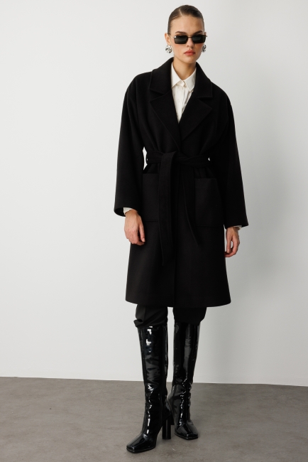 Mizalle Yünlü Kaşe Doku Torba Cepli Basic Siyah Kaban - Mizalle (1)