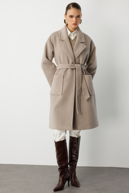 Mizalle Yünlü Kaşe Doku Torba Cepli Basic Vizon Rengi Kaban - Mizalle (1)