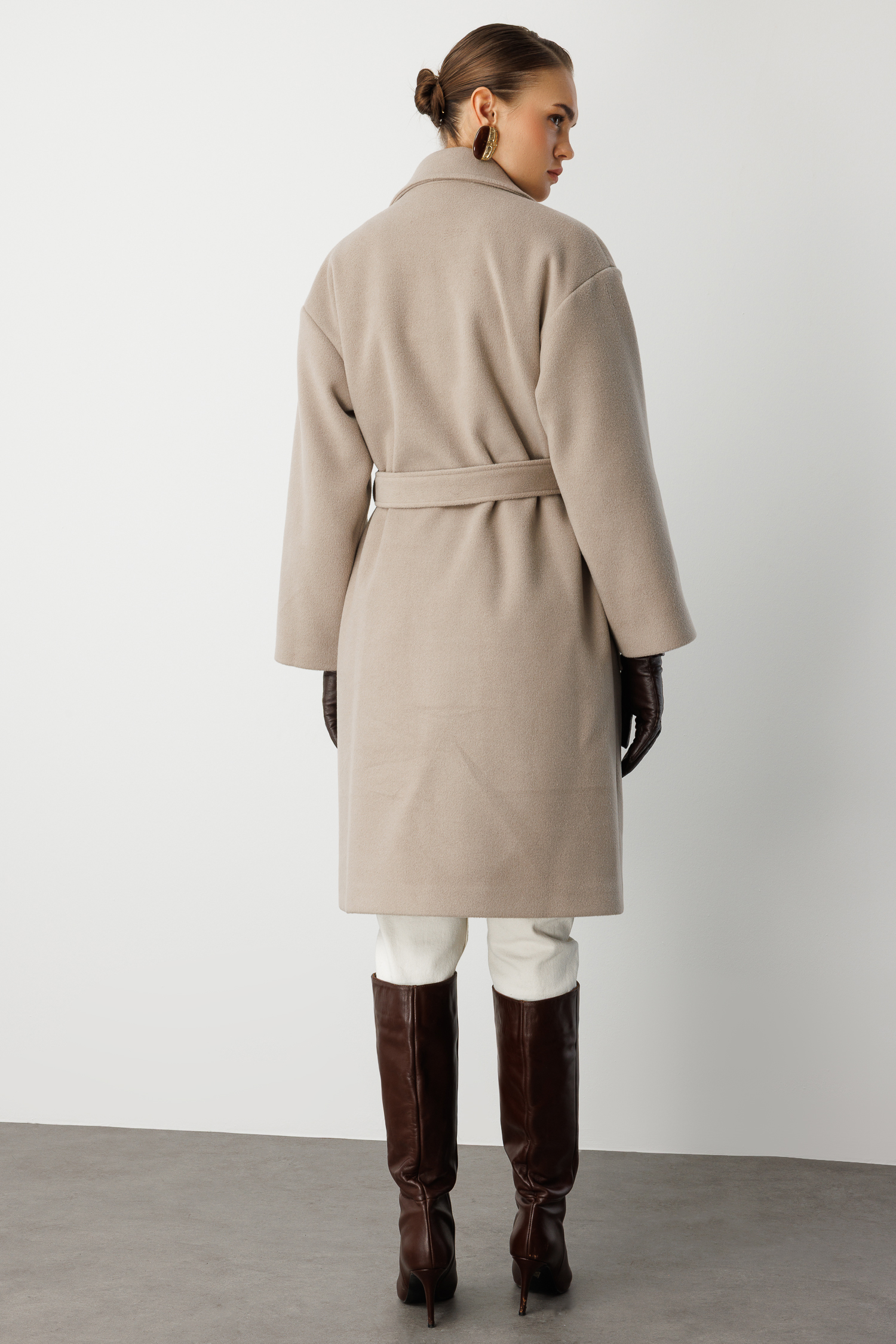 Mizalle Yünlü Kaşe Doku Torba Cepli Basic Vizon Rengi Kaban - Mizalle