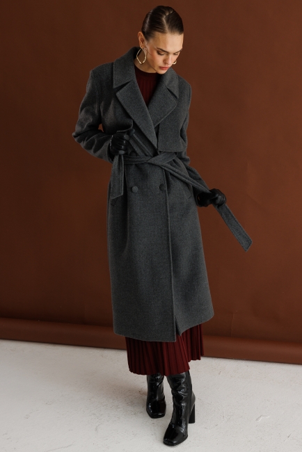 Mizalle Yünlü Kaşe Dokulu Antrasit Uzun Trençkot Kaban - Mizalle