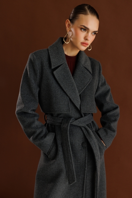 Mizalle Yünlü Kaşe Dokulu Antrasit Uzun Trençkot Kaban - Mizalle (1)