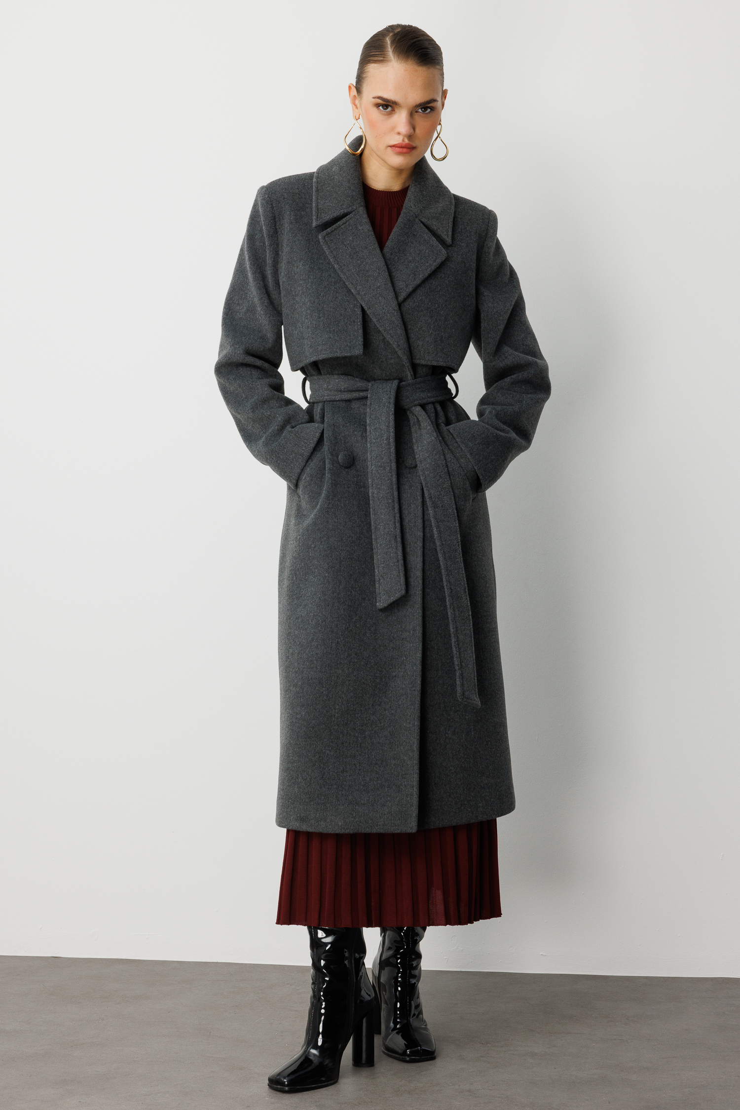 Mizalle Yünlü Kaşe Dokulu Antrasit Uzun Trençkot Kaban - Mizalle