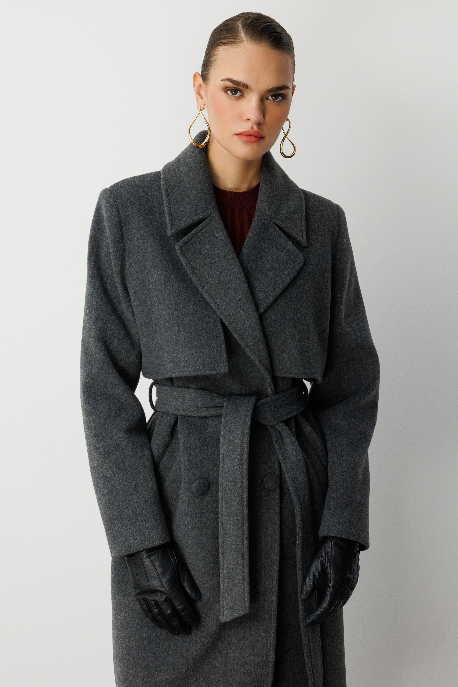 Mizalle Yünlü Kaşe Dokulu Antrasit Uzun Trençkot Kaban - Mizalle