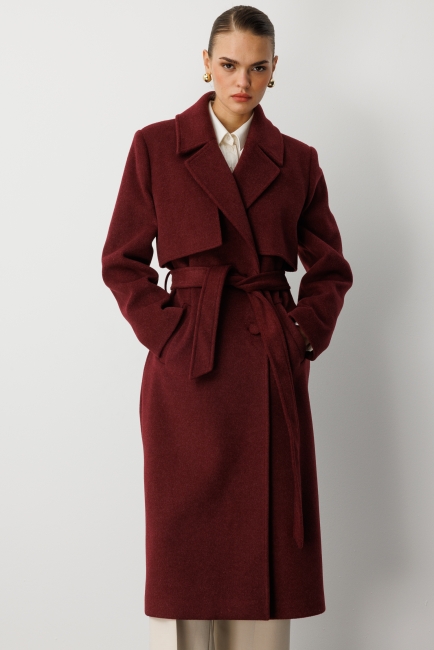 Mizalle Yünlü Kaşe Dokulu Mürdüm Rengi Uzun Trençkot Kaban - Mizalle (1)