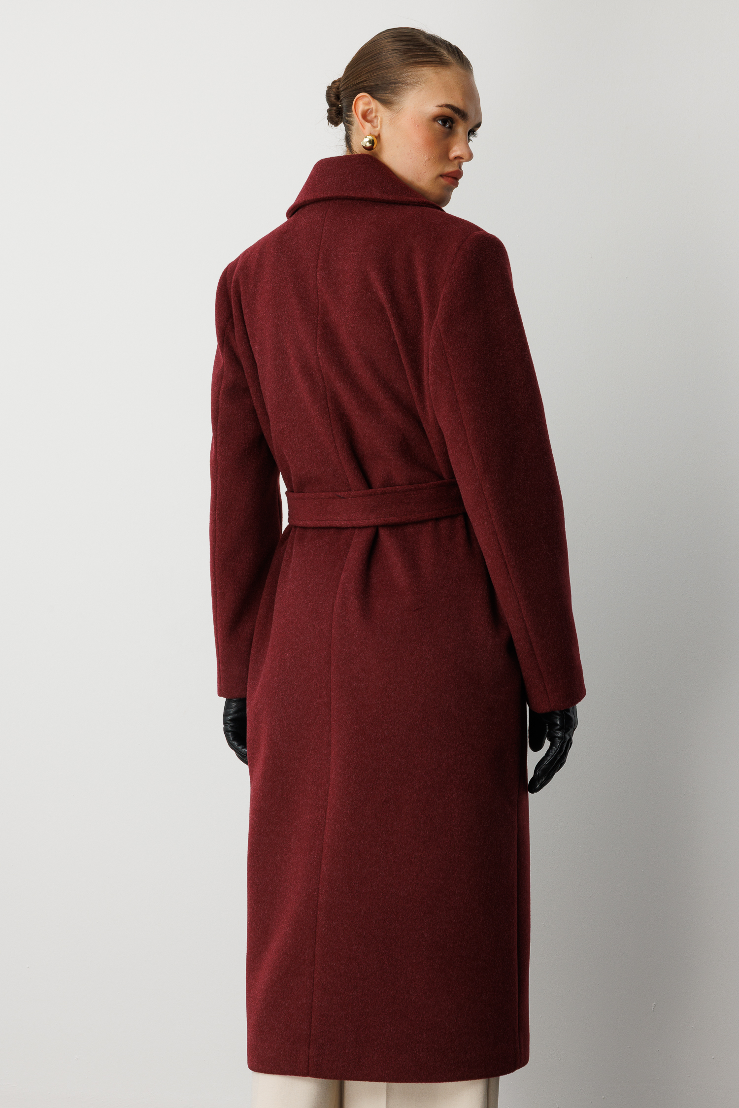 Mizalle Yünlü Kaşe Dokulu Mürdüm Rengi Uzun Trençkot Kaban - Mizalle