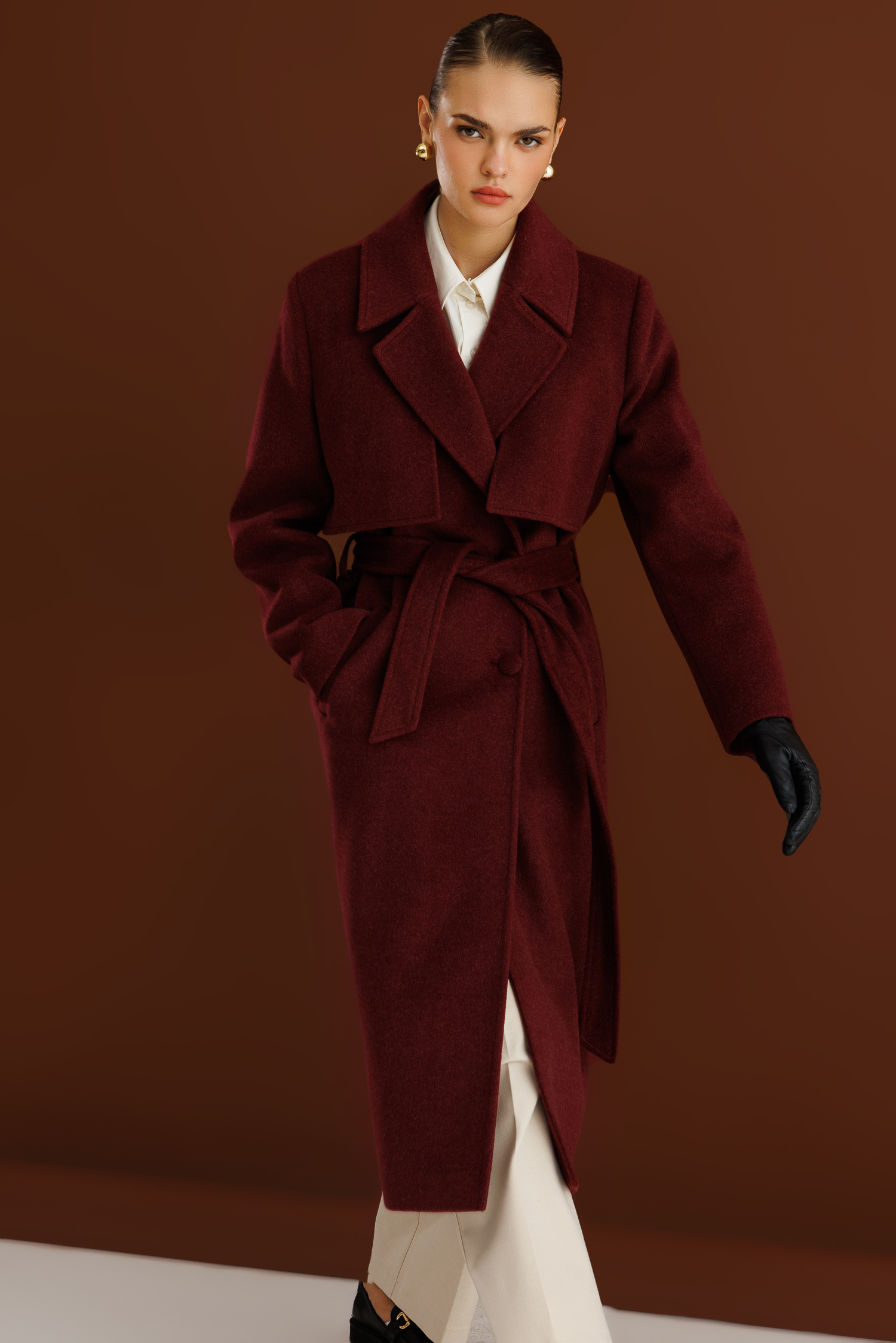 Mizalle Yünlü Kaşe Dokulu Mürdüm Rengi Uzun Trençkot Kaban - Mizalle