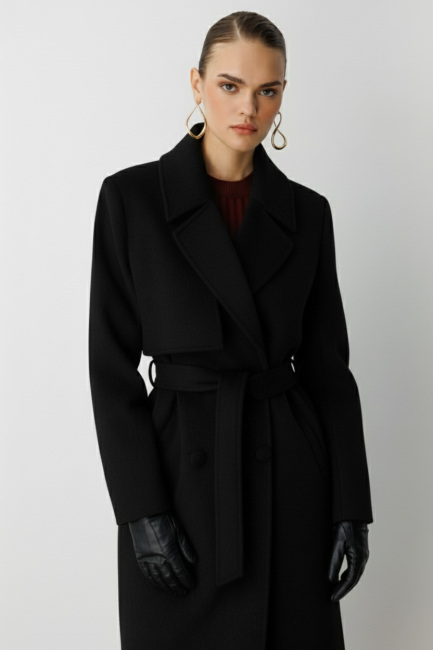 Mizalle Yünlü Kaşe Dokulu Siyah Tek Rüzgarlıklı Kaban - Mizalle (1)