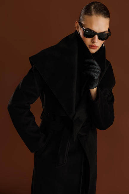 Mizalle Yünlü Kaşe Dokulu Siyah Uzun Trençkot Kaban - Mizalle (1)