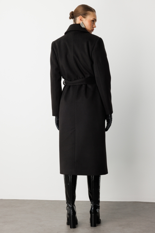 Mizalle Yünlü Kaşe Dokulu Siyah  Uzun Trençkot Kaban · 8