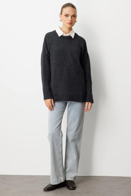 Mizalle Yuvarlak Yaka Oversize Antrasit Triko Kazak - Mizalle (1)