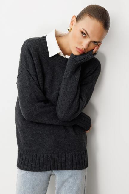 Mizalle Yuvarlak Yaka Oversize Antrasit Triko Kazak - Mizalle