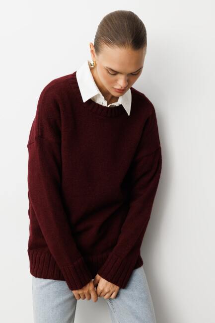 Mizalle Yuvarlak Yaka Oversize Bordo Triko Kazak - Mizalle (1)