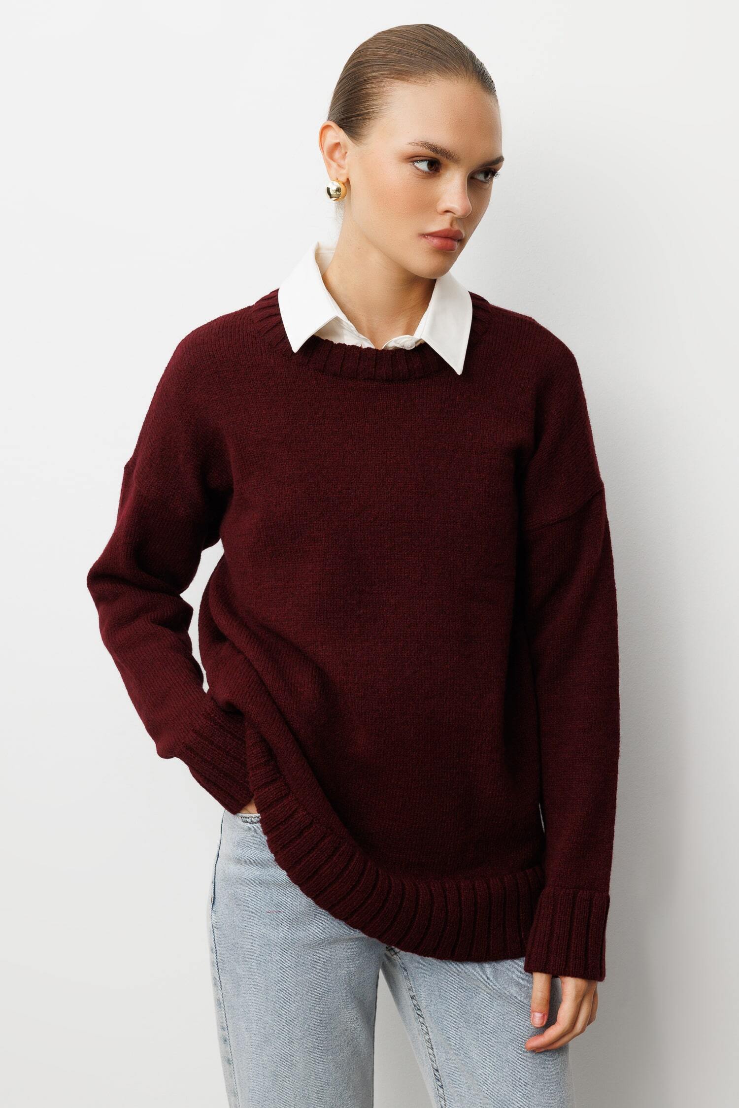 Mizalle Yuvarlak Yaka Oversize Bordo Triko Kazak