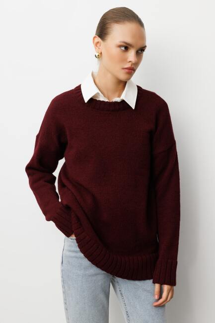 Mizalle Yuvarlak Yaka Oversize Bordo Triko Kazak - Mizalle