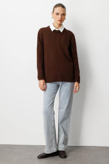 Mizalle Yuvarlak Yaka Oversize Kahverengi Triko Kazak - Mizalle (1)