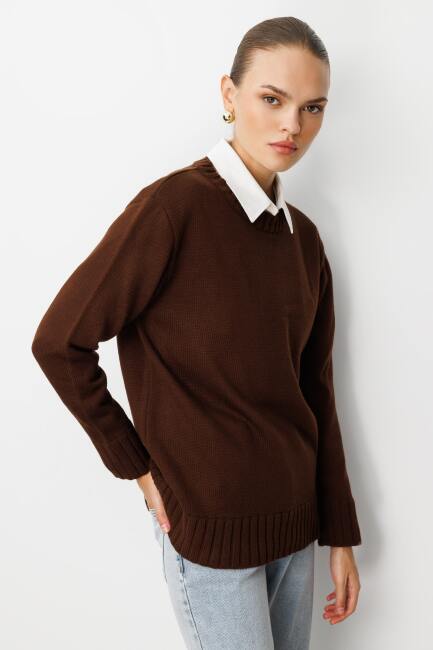 Mizalle Yuvarlak Yaka Oversize Kahverengi Triko Kazak - Mizalle
