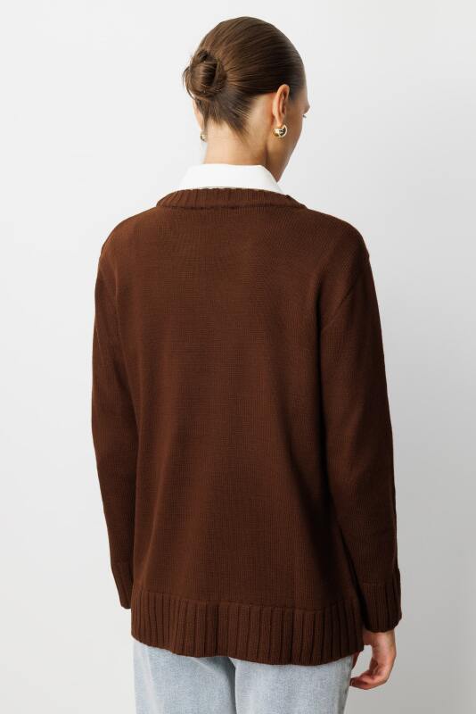 Mizalle Yuvarlak Yaka Oversize Kahverengi Triko Kazak · 5
