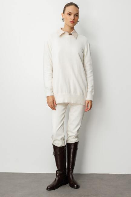 Mizalle Yuvarlak Yaka Oversize Yumuşak Dokulu Ekru Triko Kazak - Mizalle (1)
