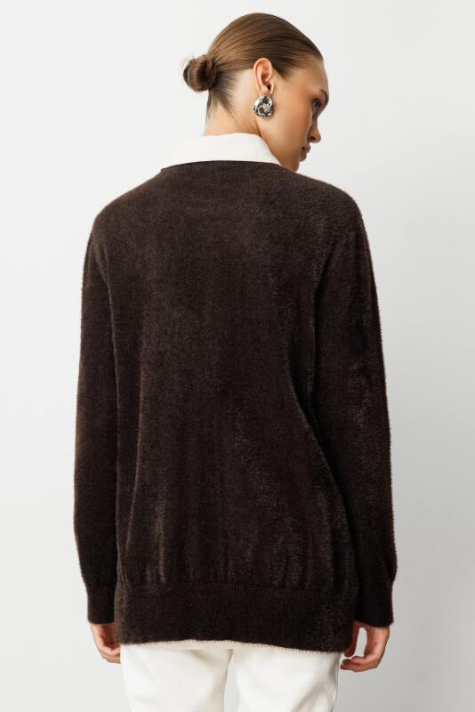 Mizalle Yuvarlak Yaka Oversize Yumuşak Dokulu Kahverengi Triko Kazak · 5