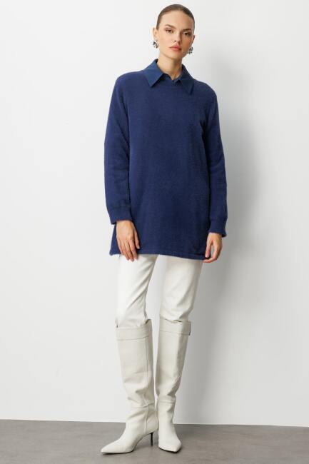 Mizalle Yuvarlak Yaka Oversize Yumuşak Dokulu Lacivert Triko Kazak - Mizalle (1)