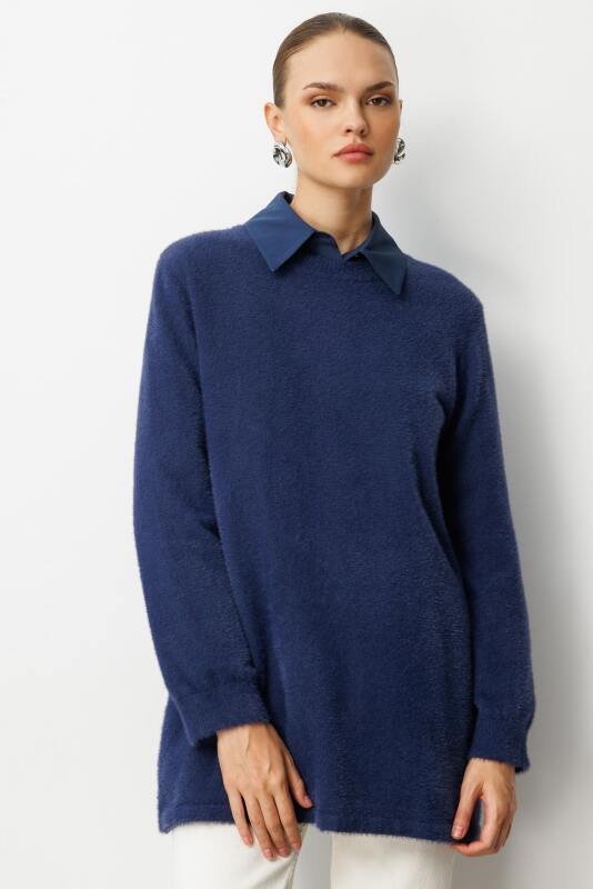 Mizalle Yuvarlak Yaka Oversize Yumuşak Dokulu Lacivert Triko Kazak · 3