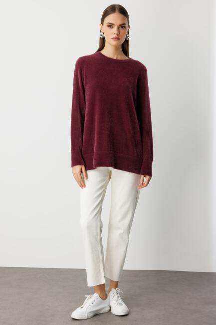 Mizalle Yuvarlak Yaka Oversize Yumuşak Dokulu Mürdüm Triko Kazak - Mizalle (1)