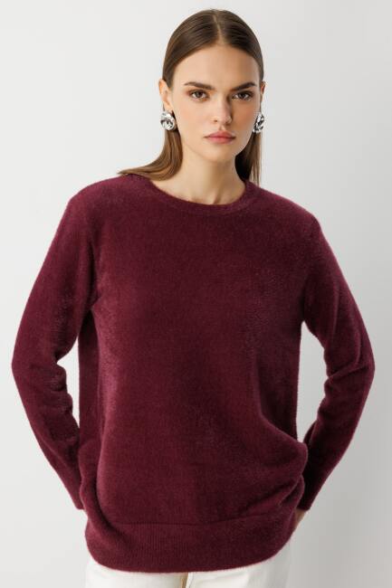 Mizalle Yuvarlak Yaka Oversize Yumuşak Dokulu Mürdüm Triko Kazak - Mizalle (1)