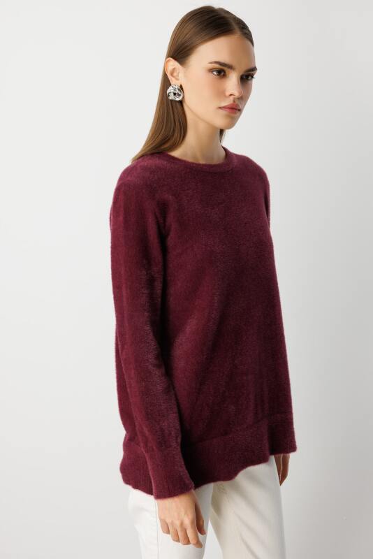 Mizalle Yuvarlak Yaka Oversize Yumuşak Dokulu Mürdüm Triko Kazak · 3