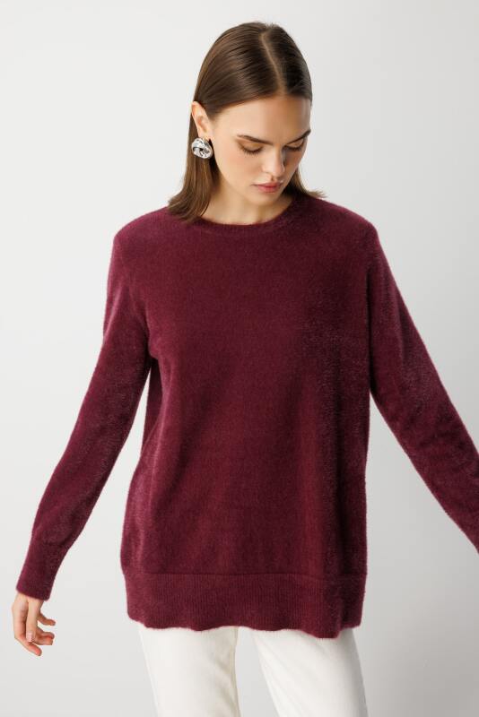 Mizalle Yuvarlak Yaka Oversize Yumuşak Dokulu Mürdüm Triko Kazak · 4