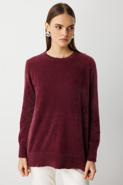 Mizalle Yuvarlak Yaka Oversize Yumuşak Dokulu Mürdüm Triko Kazak - Mizalle