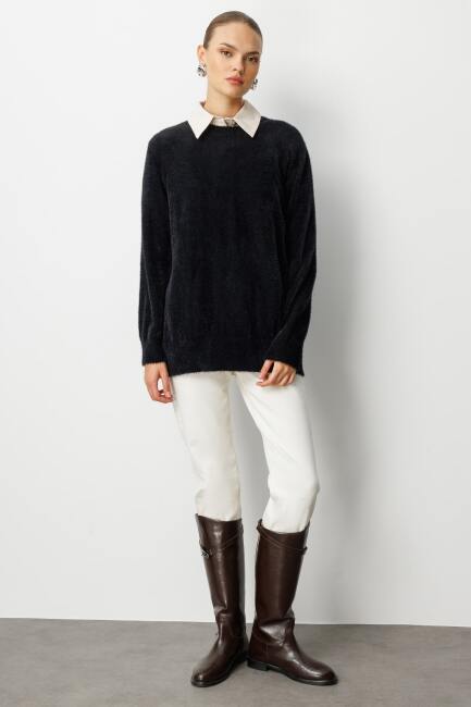 Mizalle Yuvarlak Yaka Oversize Yumuşak Dokulu Siyah Triko Kazak - Mizalle (1)