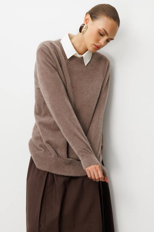 Mizalle Yuvarlak Yaka Oversize Yumuşak Dokulu Vizon Rengi Triko Kazak · 3