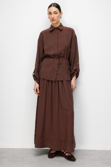 Mizallle Kahverengi Beli Büzgülü Viskoz Tunik - Mizalle (1)