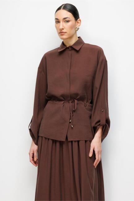 Mizallle Kahverengi Beli Büzgülü Viskoz Tunik - Mizalle